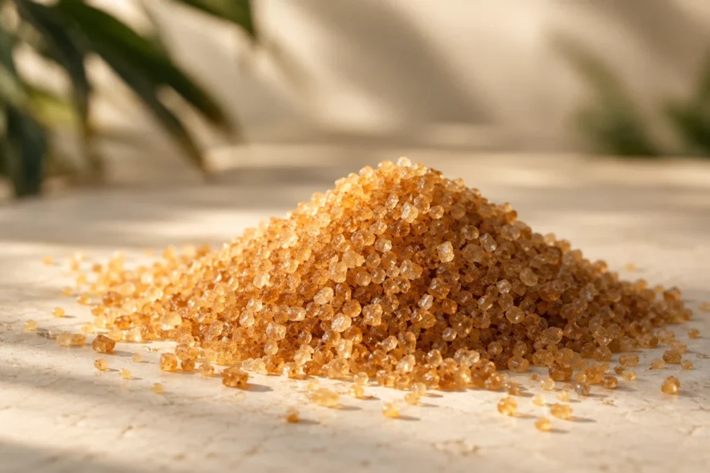 Illustrative raw brown cane sugar crystals